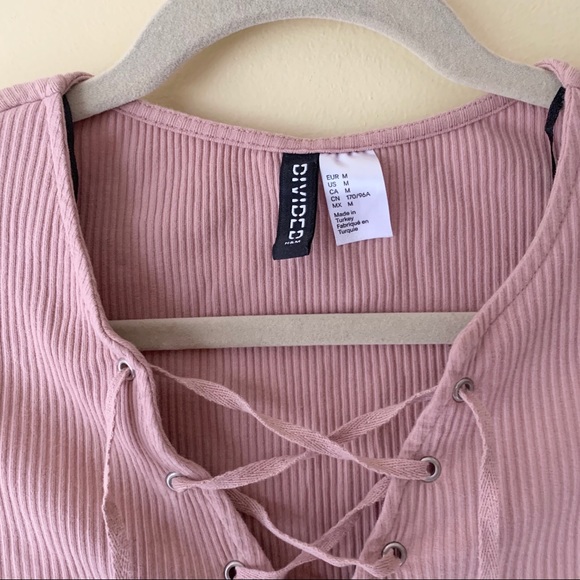 Blush Pink Ribbed Lace Up Crop Top - Picture 2 of 3